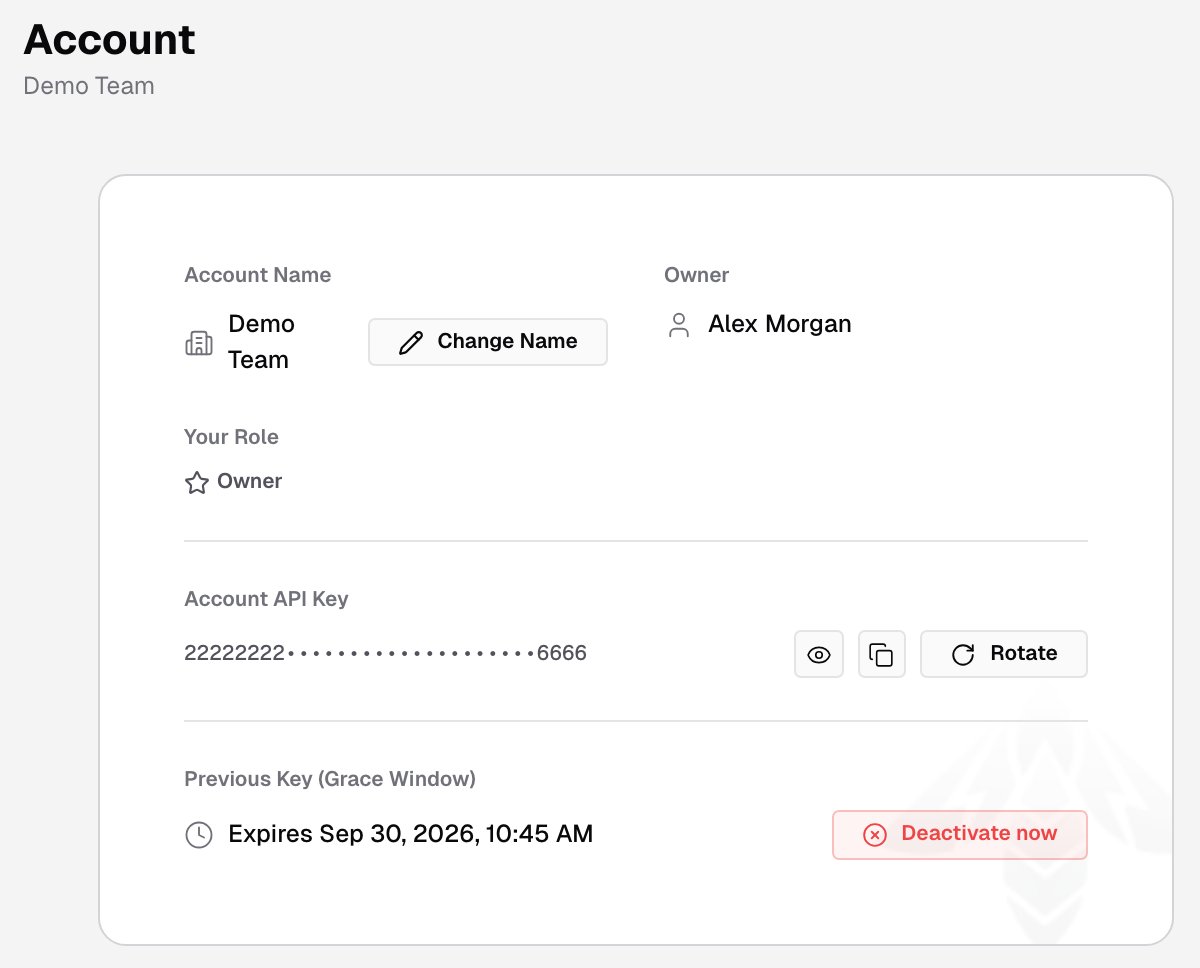Account page with the Account Name and Change Name button, the Owner, Your Role, the masked Account API Key with Rotate, and a Previous Key (Grace Window) with Deactivate now