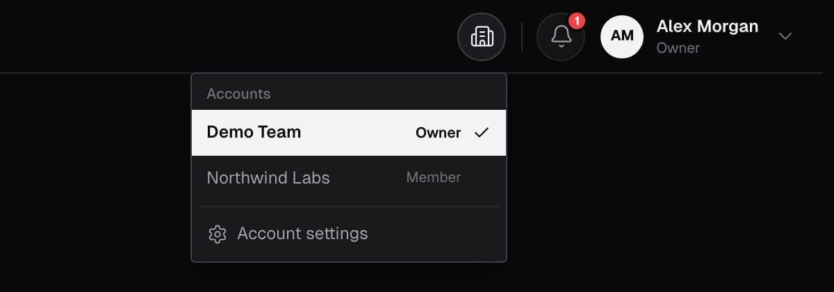 Account switcher open from the top bar, listing two accounts with the role in each, a check next to the current one, and Account settings