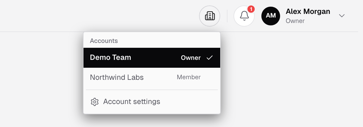 Account switcher open from the top bar, listing two accounts with the role in each, a check next to the current one, and Account settings