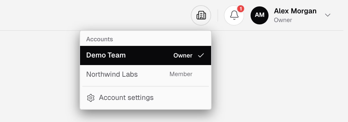 Account switcher open from the top bar, listing two accounts with the role in each, a check next to the current one, and Account settings