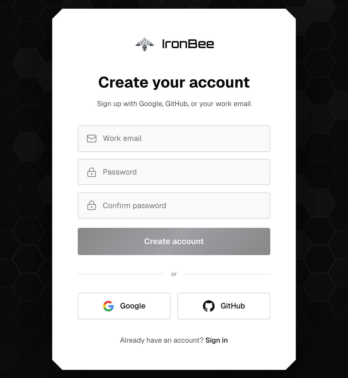 Create your account page with Work email, Password and Confirm password fields, the Create account button, and Google and GitHub buttons