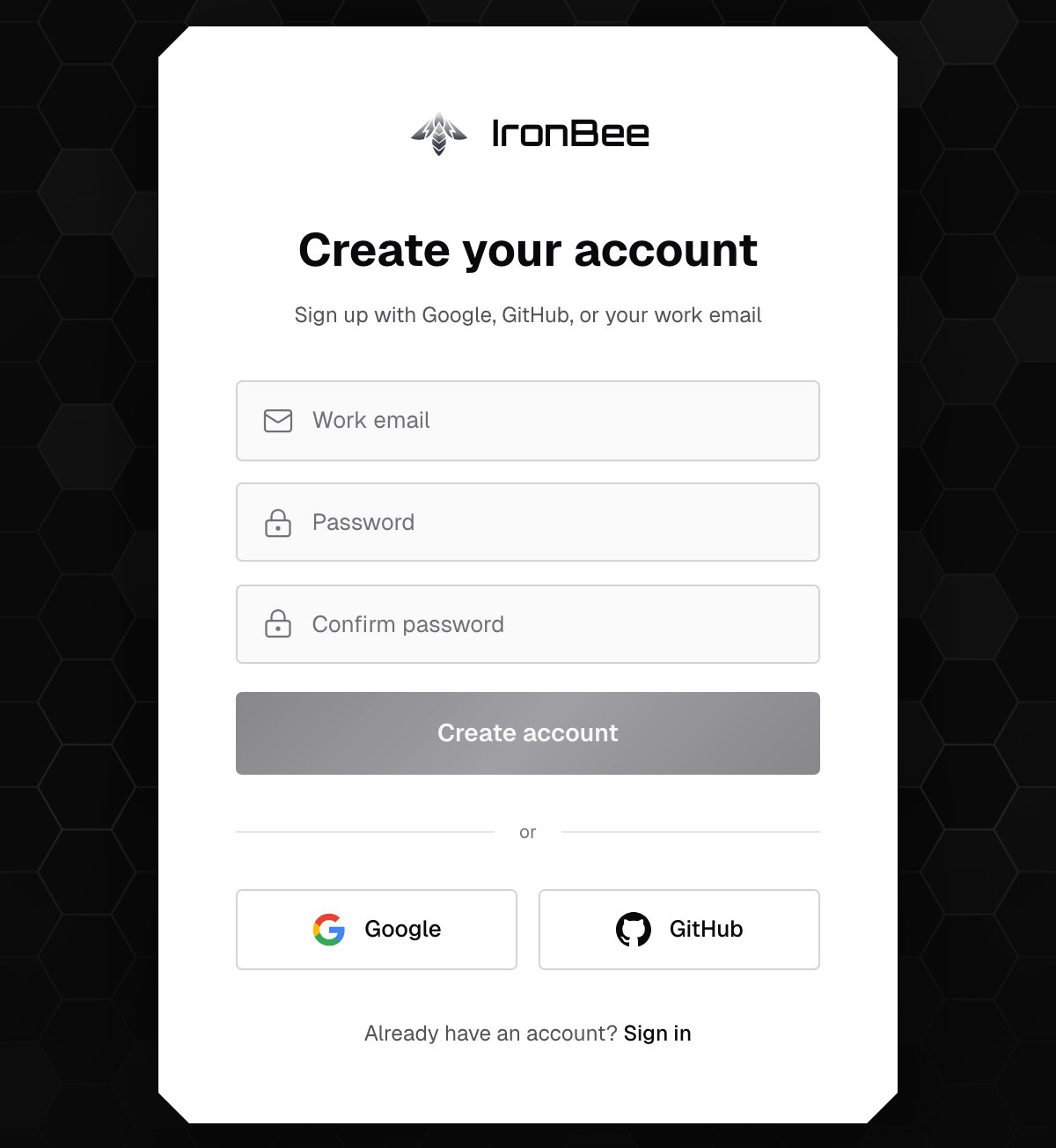 Create your account page with Work email, Password and Confirm password fields, the Create account button, and Google and GitHub buttons