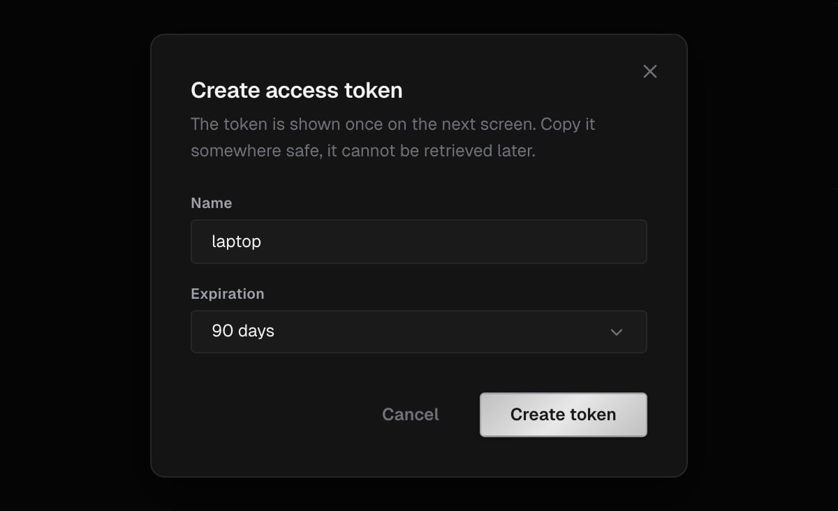Create access token dialog with the Name field set to laptop and Expiration set to 90 days