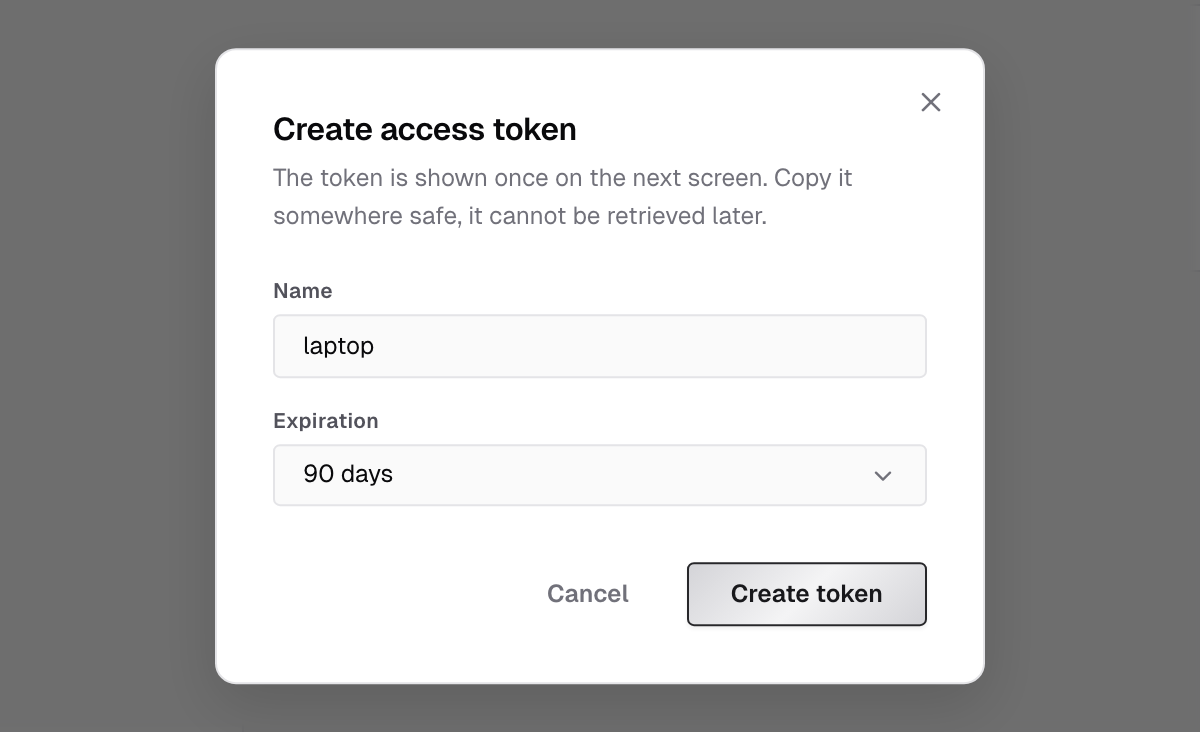 Create access token dialog with the Name field set to laptop and Expiration set to 90 days