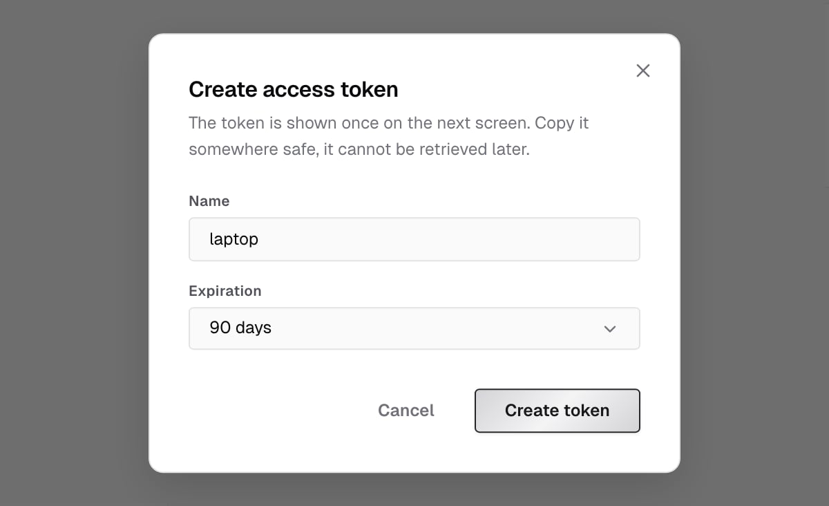 Create access token dialog with the Name field set to laptop and Expiration set to 90 days