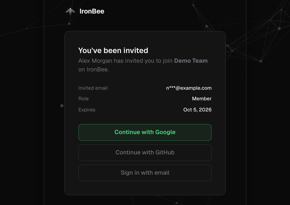 You've been invited page showing the inviting teammate, the account, the invited email, the role and the expiry date, with Continue with Google, Continue with GitHub and Sign in with email buttons