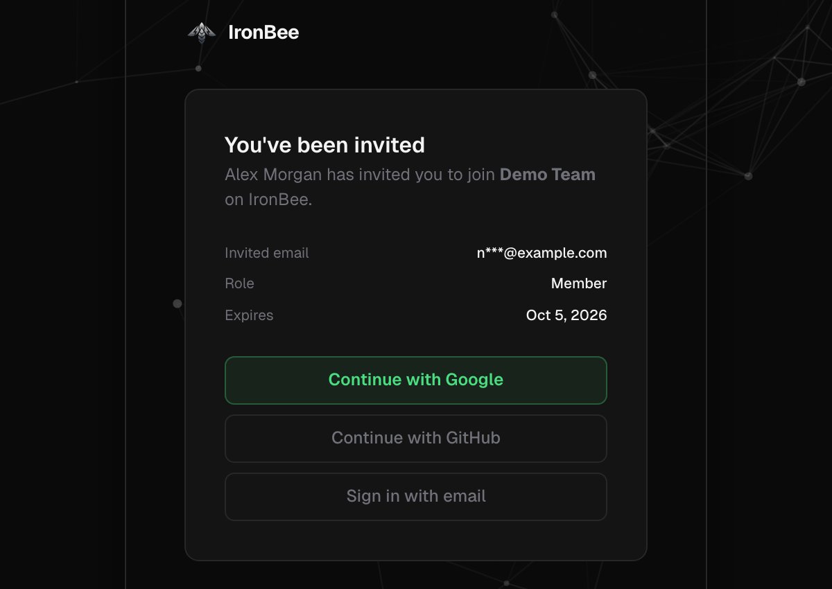 You've been invited page showing the inviting teammate, the account, the invited email, the role and the expiry date, with Continue with Google, Continue with GitHub and Sign in with email buttons