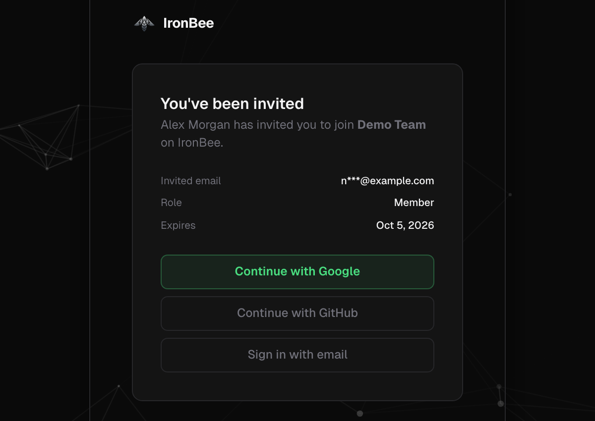 You've been invited page showing the inviting teammate, the account, the invited email, the role and the expiry date, with Continue with Google, Continue with GitHub and Sign in with email buttons