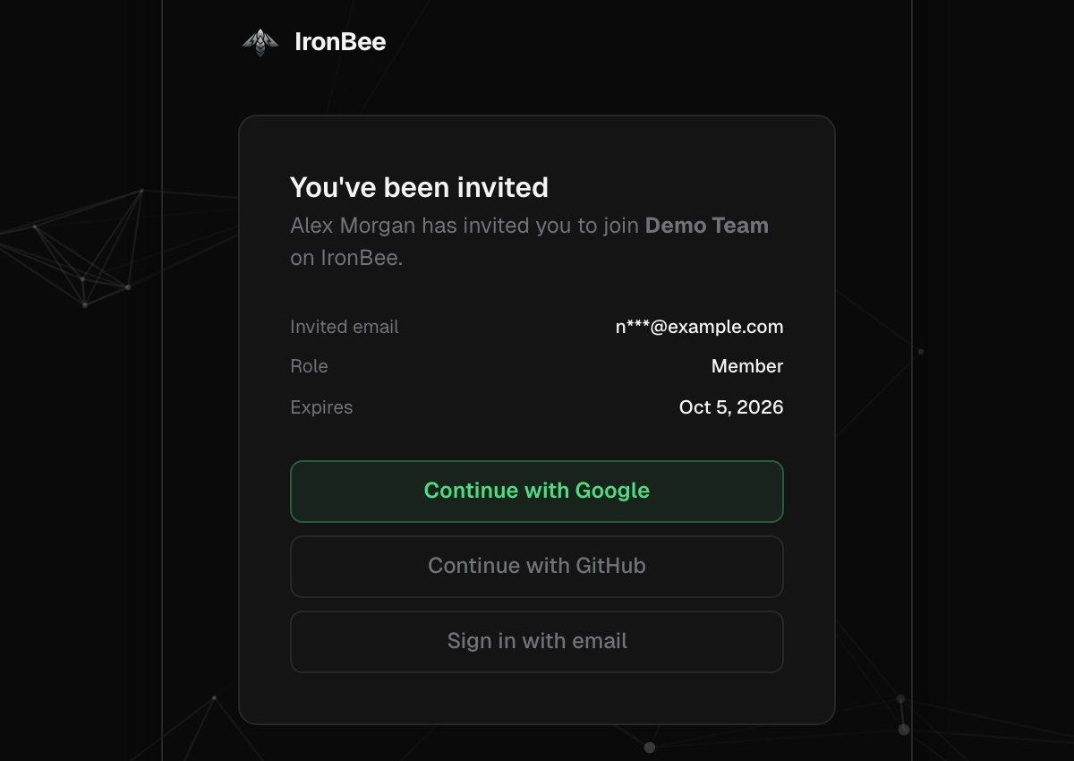 You've been invited page showing the inviting teammate, the account, the invited email, the role and the expiry date, with Continue with Google, Continue with GitHub and Sign in with email buttons