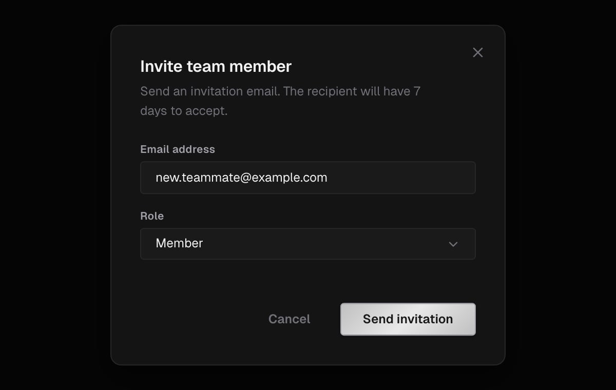 Invite team member dialog with an Email address field, the Role set to Member, and the Send invitation button