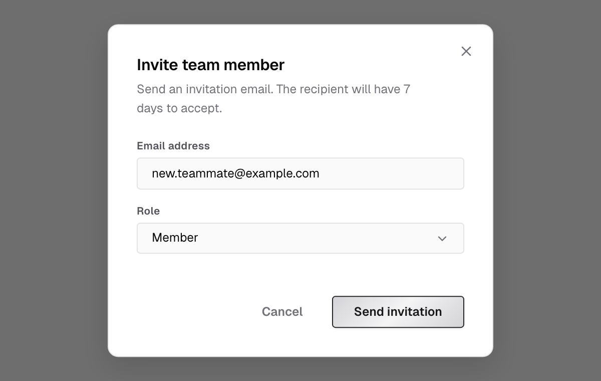 Invite team member dialog with an Email address field, the Role set to Member, and the Send invitation button