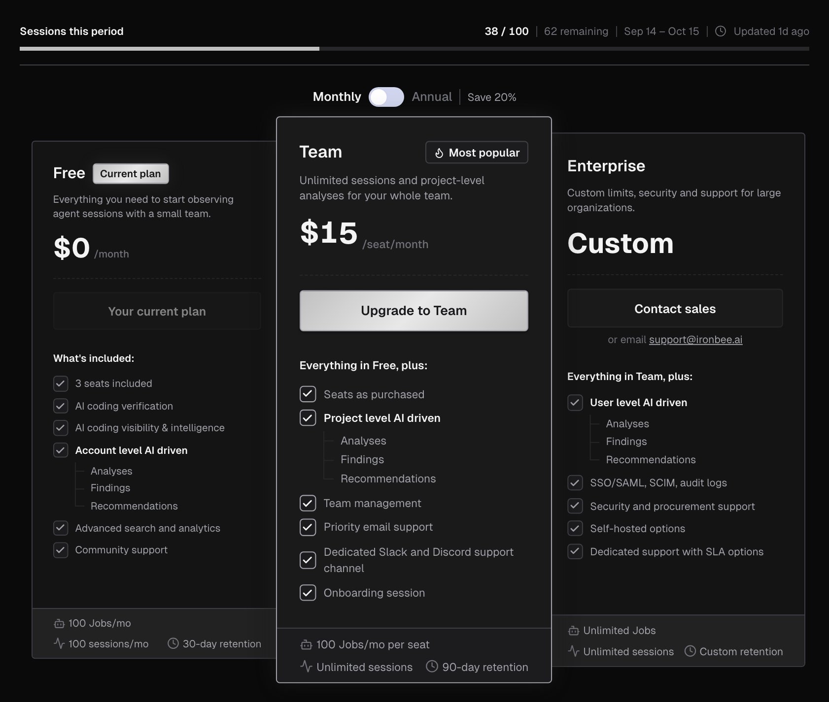 Pricing Plans tab on the Free plan, with the Sessions this period meter, the Monthly and Annual switch, and the Free, Team and Enterprise cards