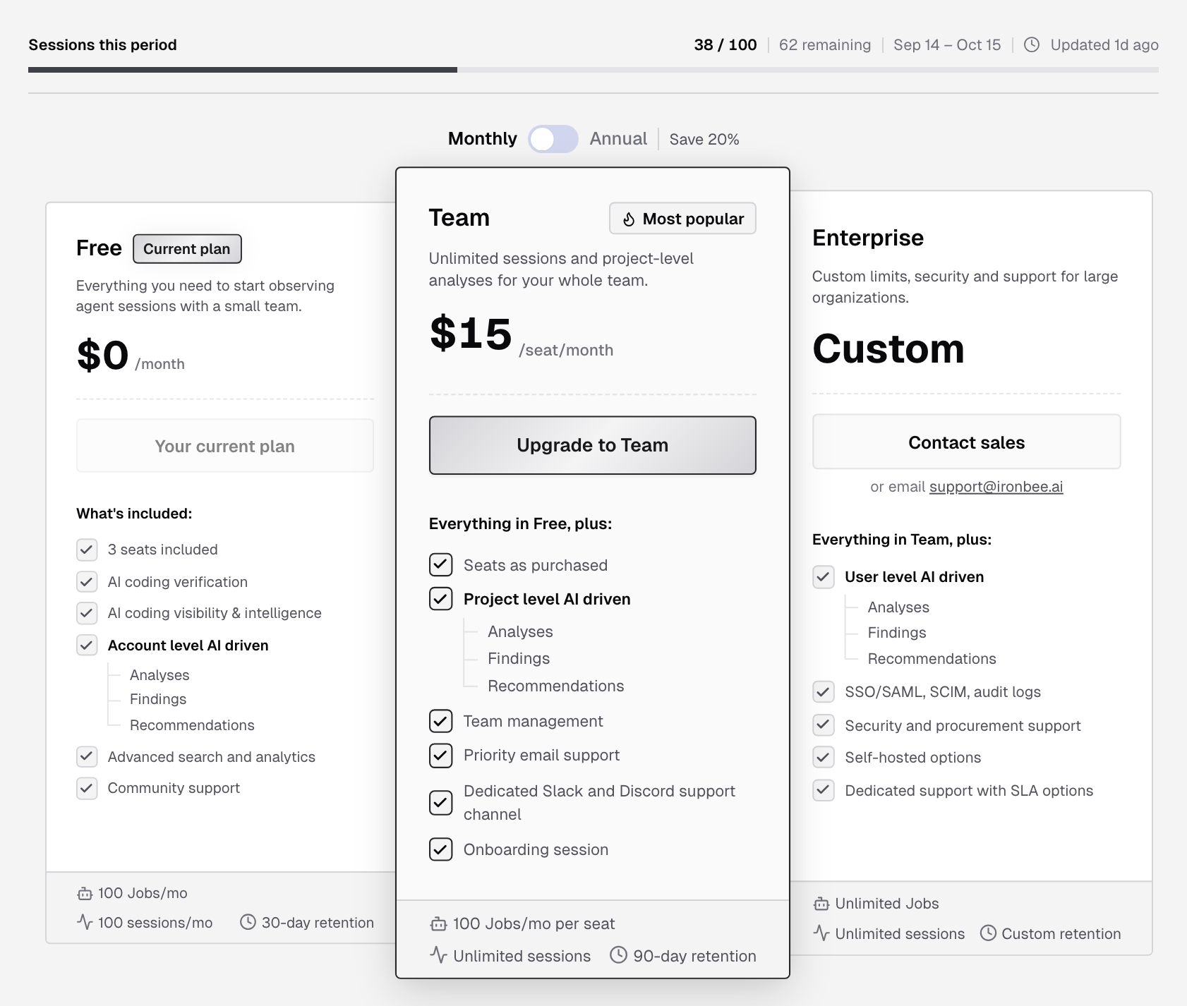 Pricing Plans tab on the Free plan, with the Sessions this period meter, the Monthly and Annual switch, and the Free, Team and Enterprise cards