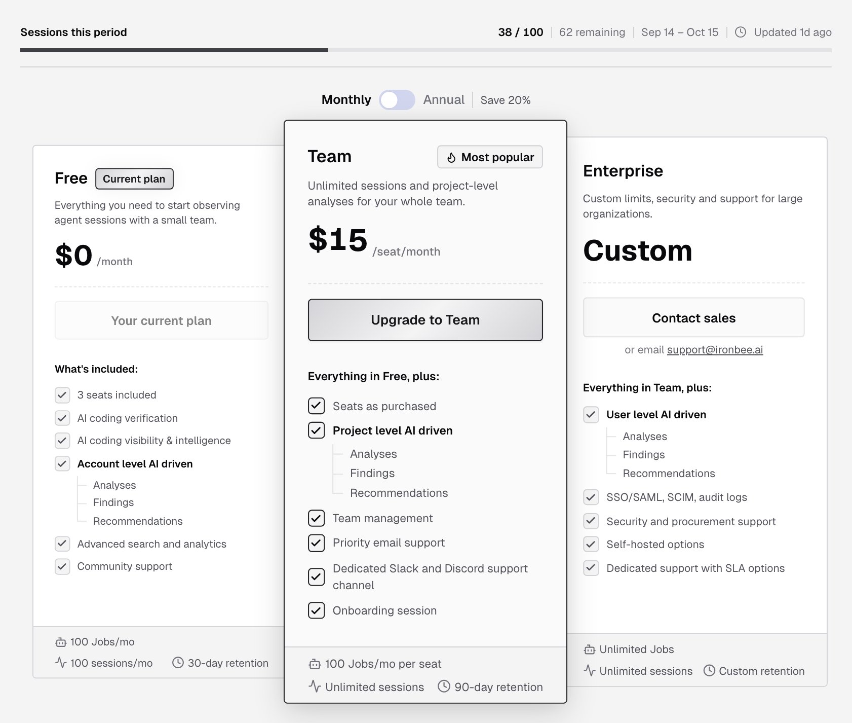 Pricing Plans tab on the Free plan, with the Sessions this period meter, the Monthly and Annual switch, and the Free, Team and Enterprise cards