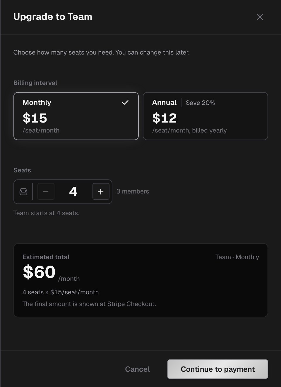Upgrade to Team panel with the Monthly and Annual billing intervals, the Seats stepper, the Estimated total, and the Cancel and Continue to payment buttons