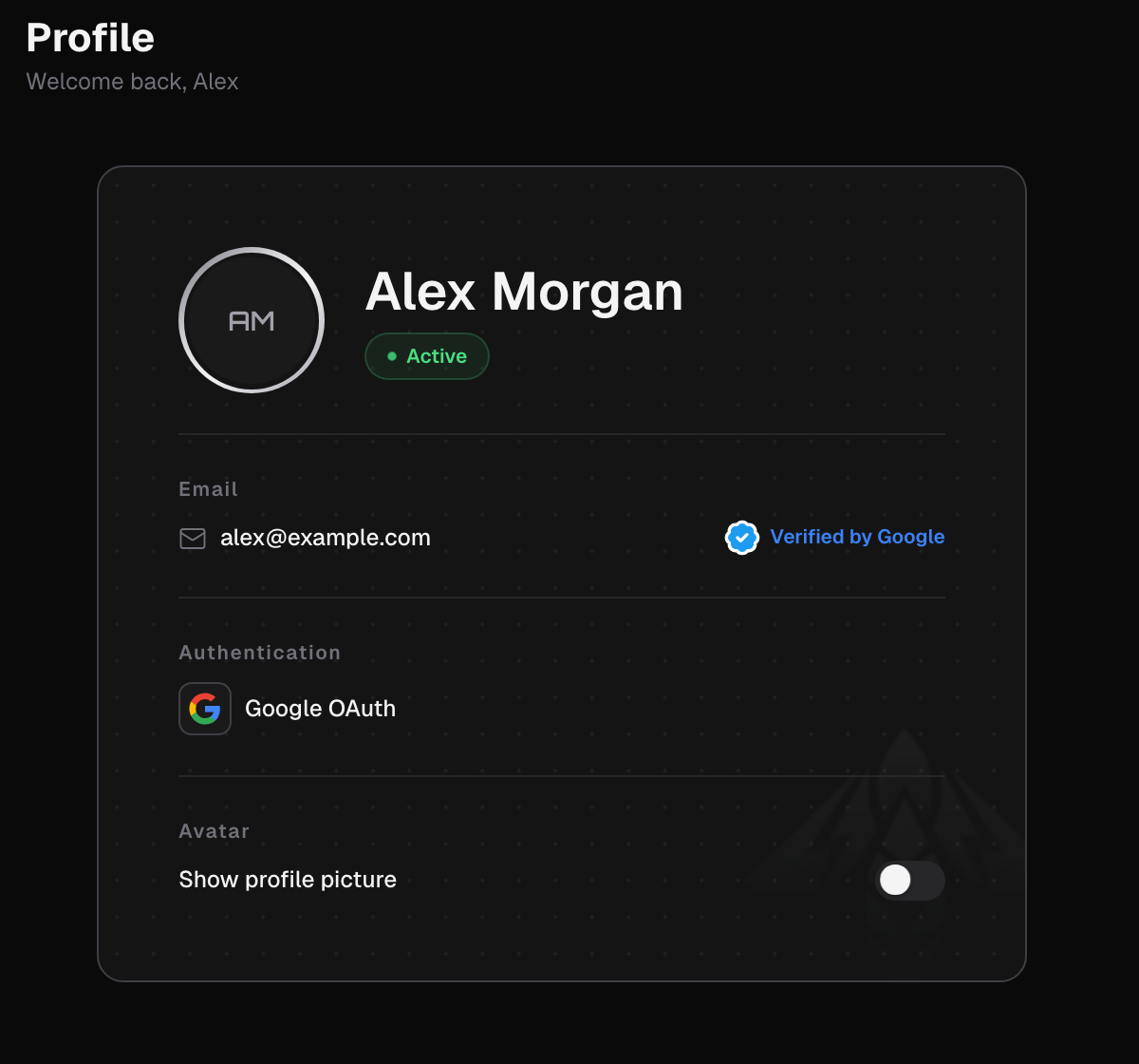 Profile card with the name, the email marked Verified by Google, Google OAuth as the authentication method, and the Show profile picture switch