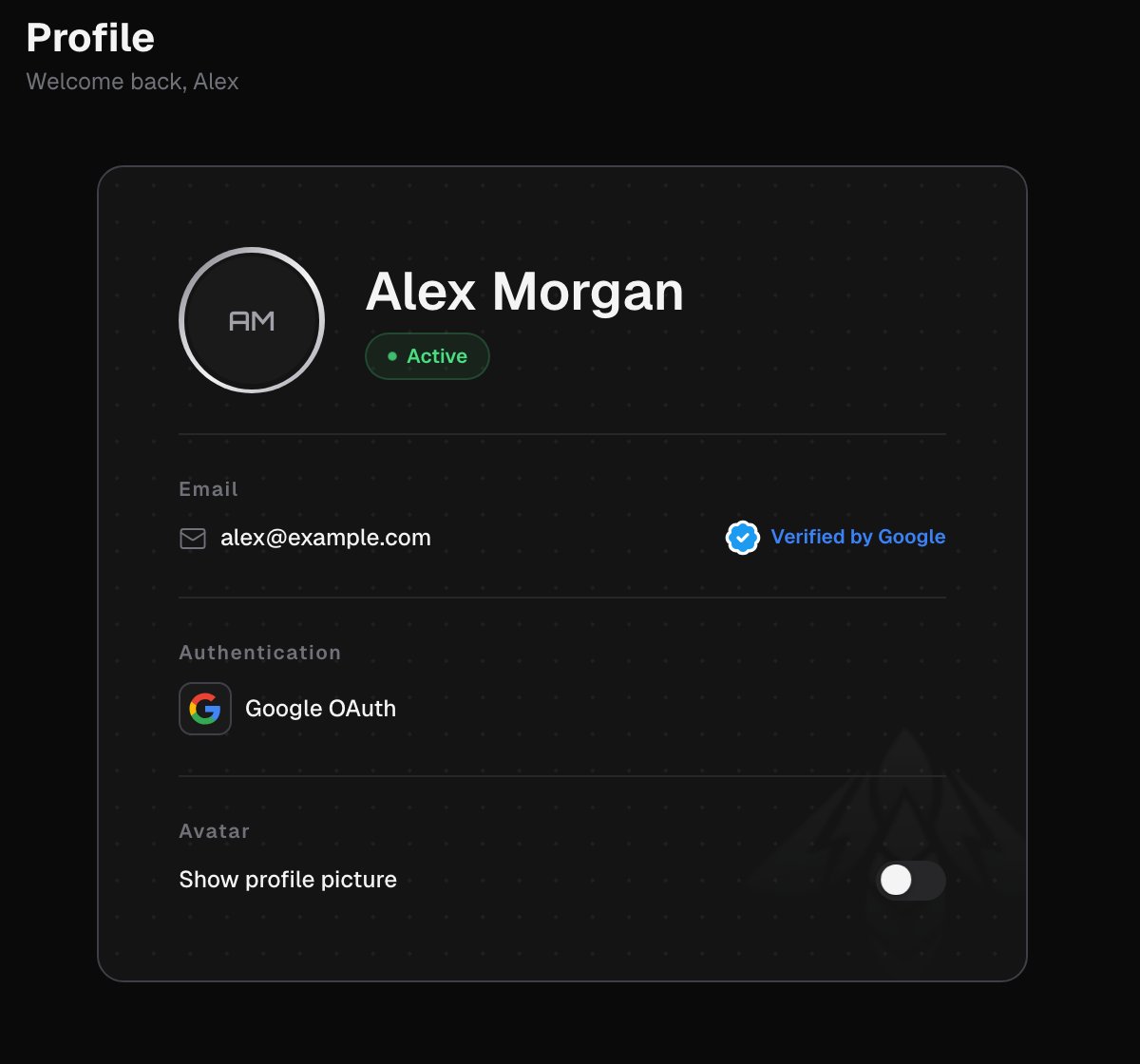 Profile card with the name, the email marked Verified by Google, Google OAuth as the authentication method, and the Show profile picture switch