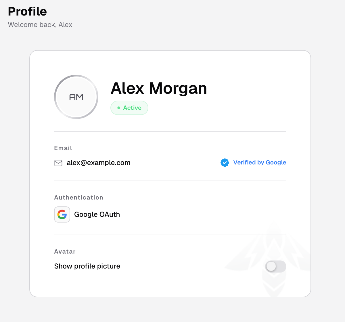 Profile card with the name, the email marked Verified by Google, Google OAuth as the authentication method, and the Show profile picture switch
