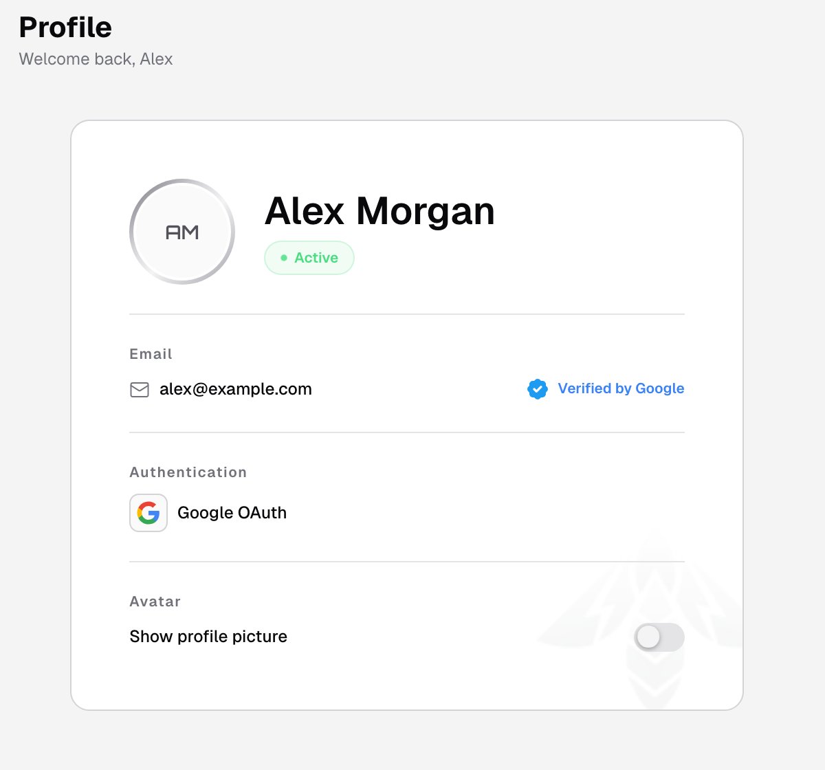 Profile card with the name, the email marked Verified by Google, Google OAuth as the authentication method, and the Show profile picture switch