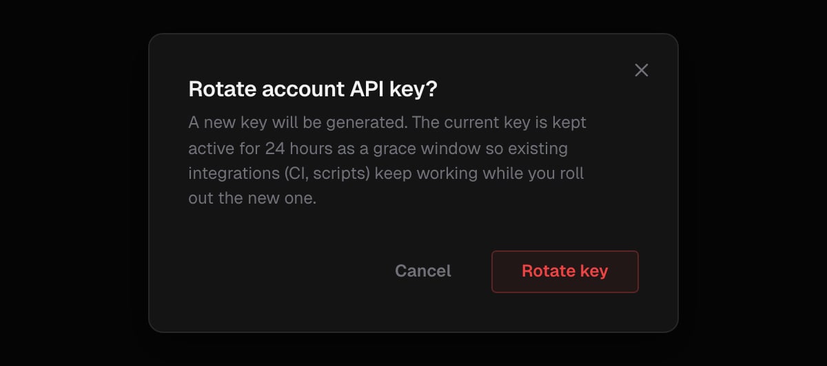 Rotate account API key? dialog explaining that the current key stays active for 24 hours, with Cancel and Rotate key buttons