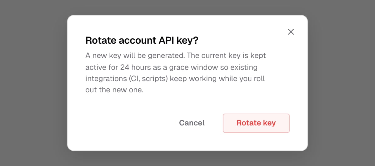 Rotate account API key? dialog explaining that the current key stays active for 24 hours, with Cancel and Rotate key buttons