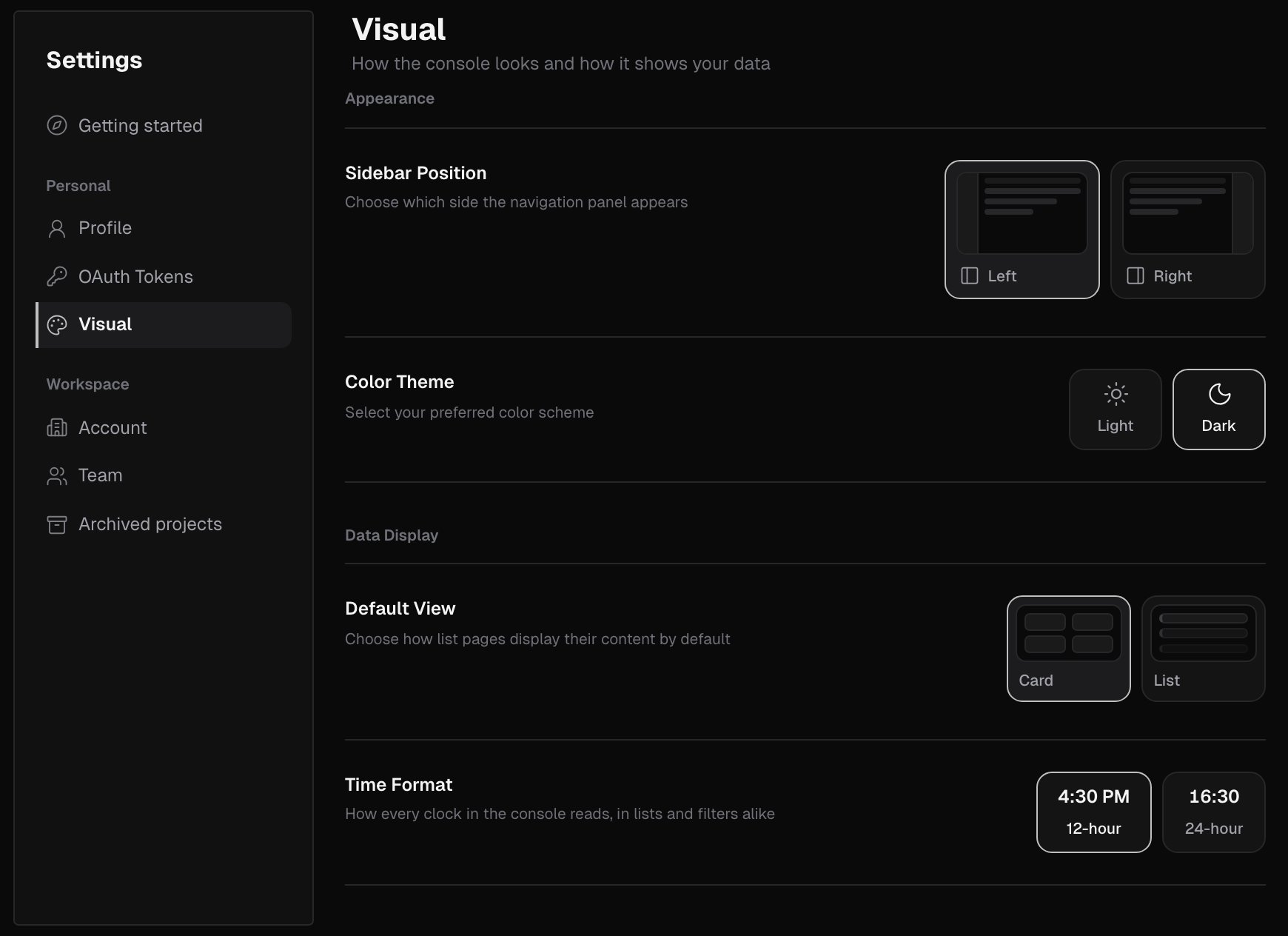 Settings menu with the Personal and Workspace groups, and the Visual page with Sidebar Position, Color Theme, Default View and Time Format