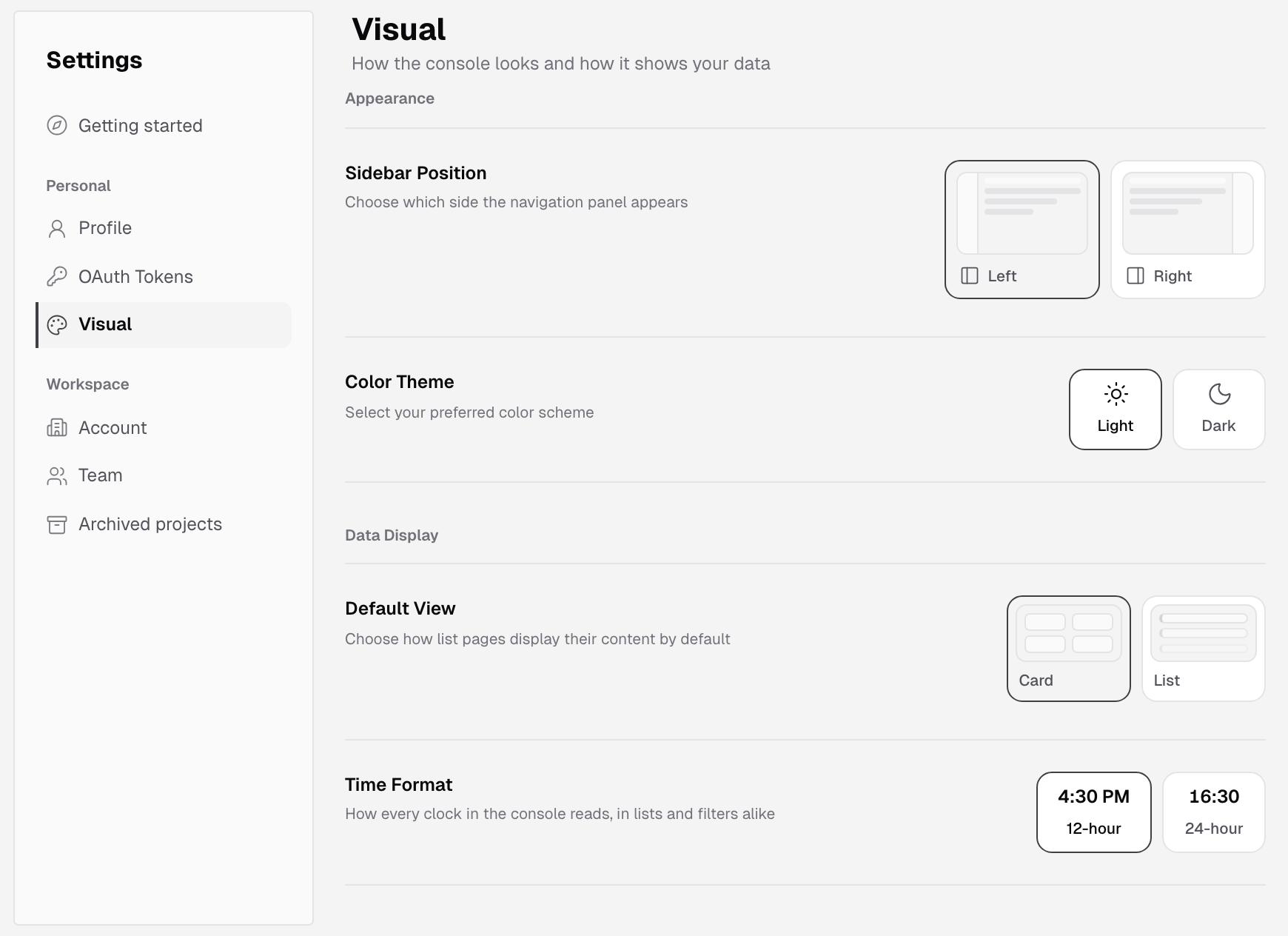 Settings menu with the Personal and Workspace groups, and the Visual page with Sidebar Position, Color Theme, Default View and Time Format