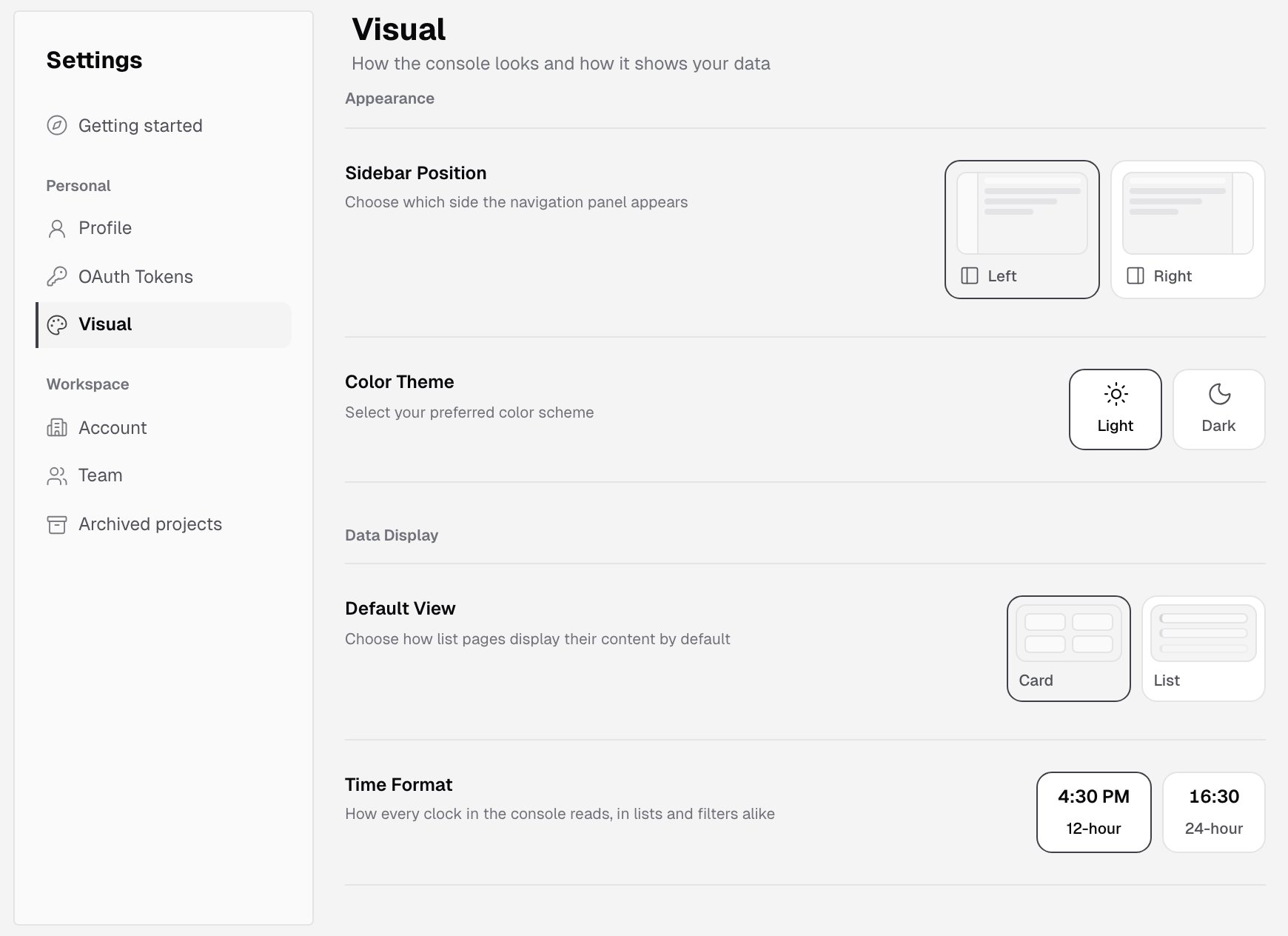 Settings menu with the Personal and Workspace groups, and the Visual page with Sidebar Position, Color Theme, Default View and Time Format