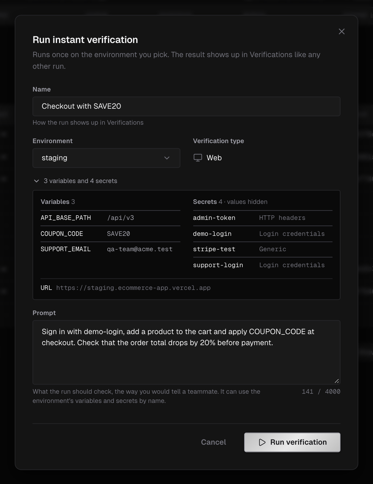Run instant verification dialog with a name, the staging environment, the Web verification type, the expanded list of 3 variables and 4 secrets with the environment URL, a prompt, and the Run verification button