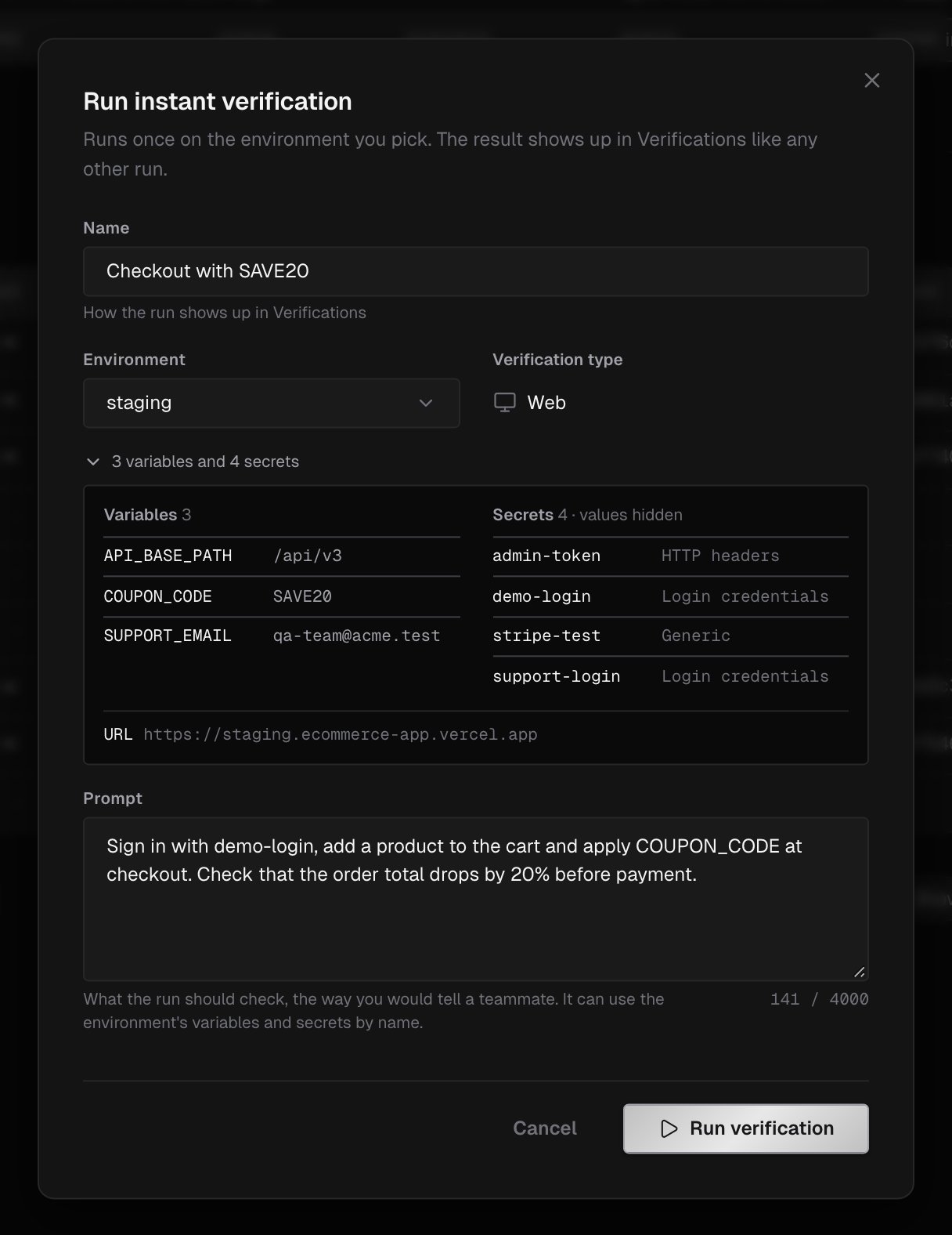 Run instant verification dialog with a name, the staging environment, the Web verification type, the expanded list of 3 variables and 4 secrets with the environment URL, a prompt, and the Run verification button