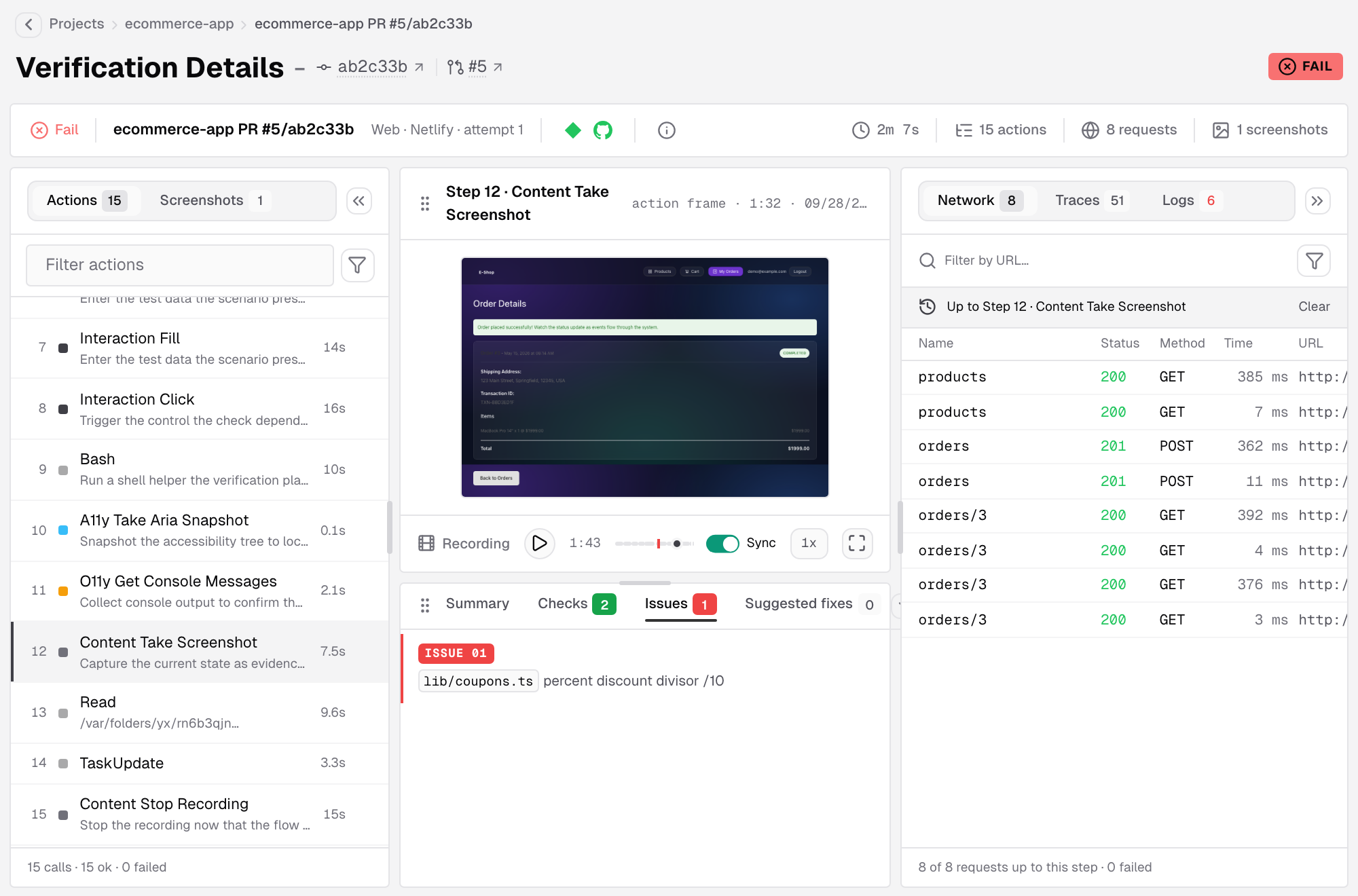 Verification Details page of a Netlify run with a Fail result: the summary strip, the actions list with a step selected, its screenshot above the recording controls, the Issues tab of the result, and the network requests up to that step