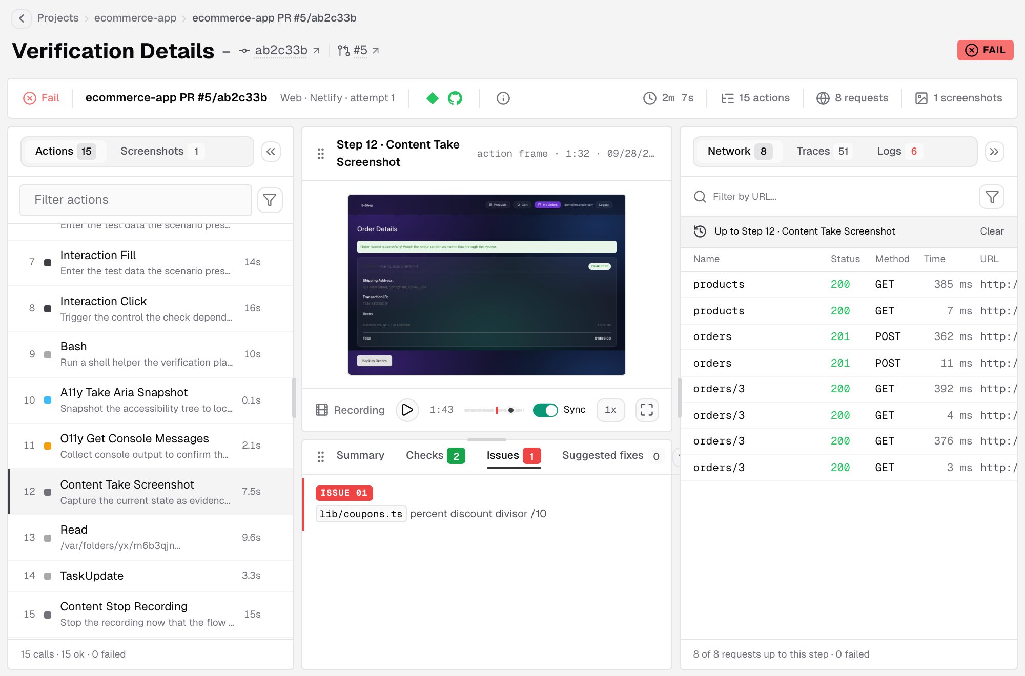Verification Details page of a Netlify run with a Fail result: the summary strip, the actions list with a step selected, its screenshot above the recording controls, the Issues tab of the result, and the network requests up to that step