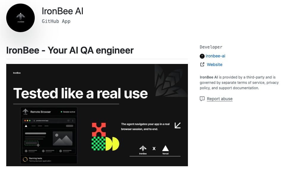 The IronBee AI GitHub App page on GitHub