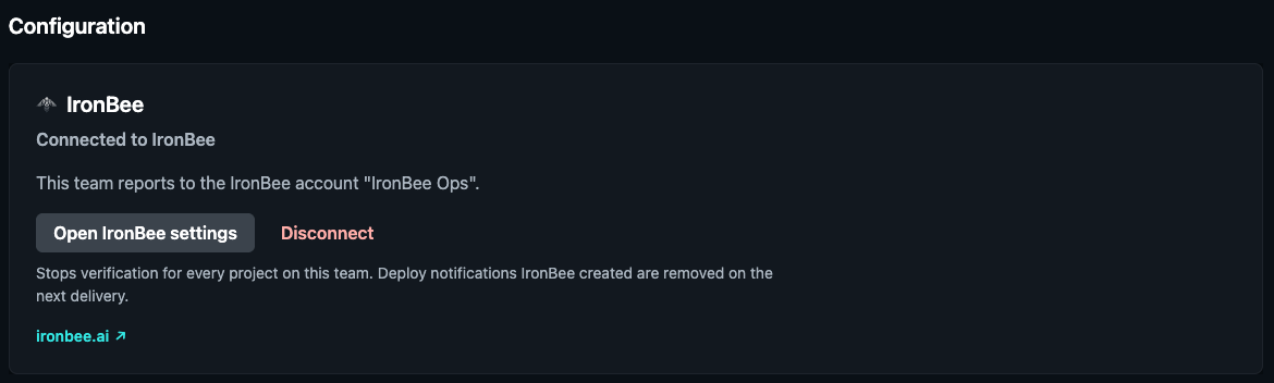 Netlify: the IronBee extension's Configuration card, Connected to IronBee, with the IronBee account the team reports to, Open IronBee settings and Disconnect