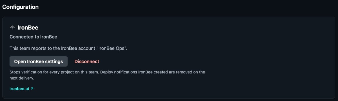 Netlify: the IronBee extension's Configuration card, Connected to IronBee, with the IronBee account the team reports to, Open IronBee settings and Disconnect