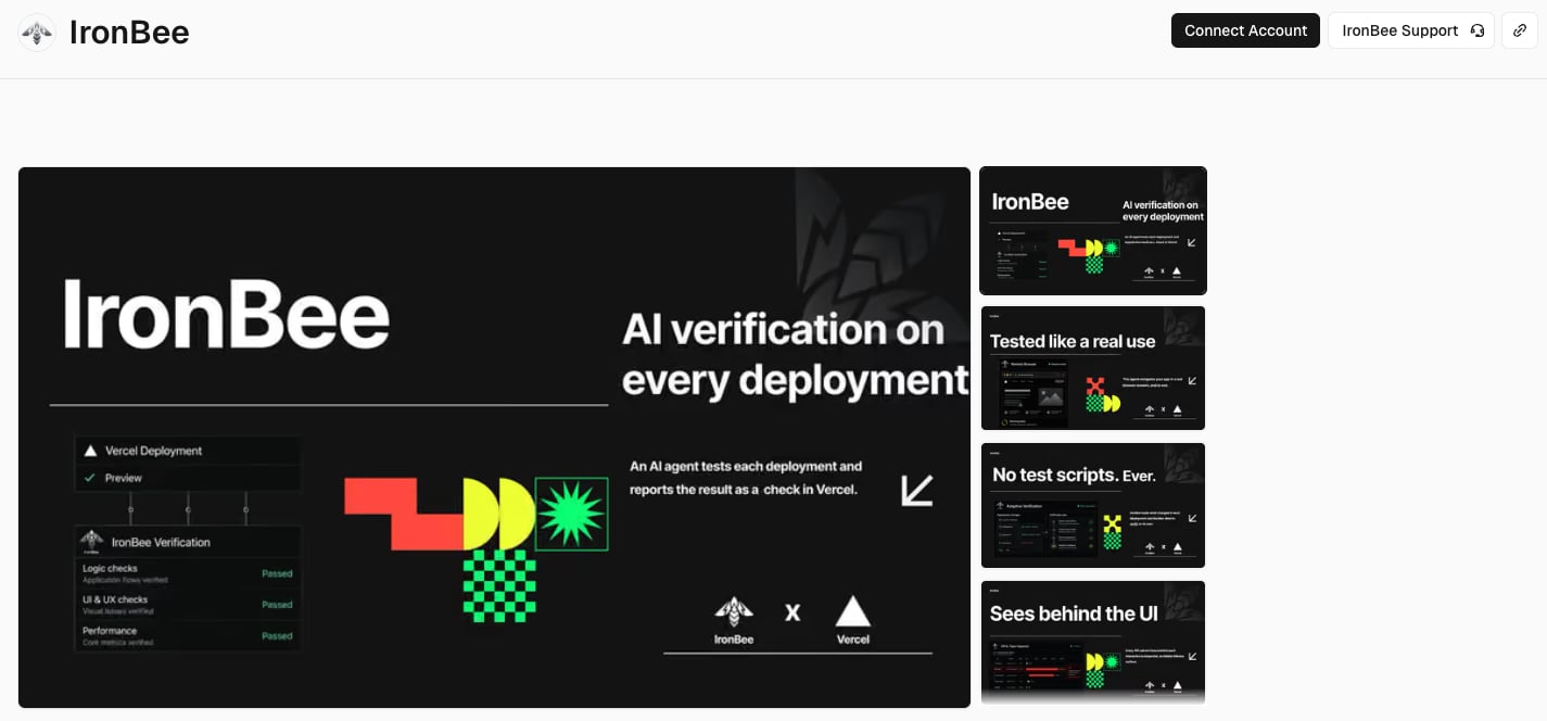 The IronBee integration on the Vercel Marketplace, with the Connect Account button