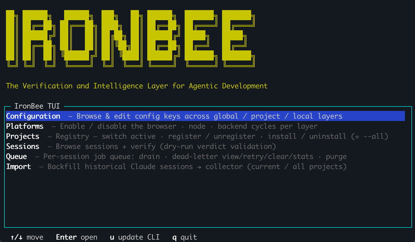 IronBee TUI home menu showing the Configuration, Platforms, Projects, Sessions, Queue, and Import areas with a help bar at the bottom