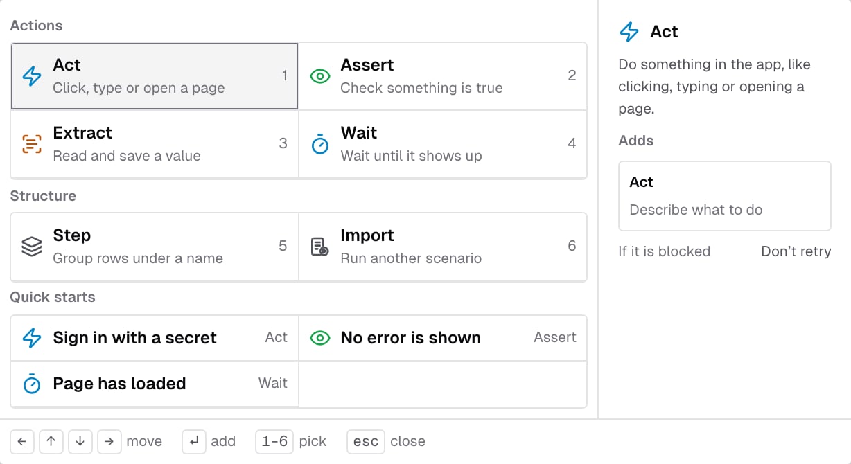 Add a row menu with Act, Assert, Extract and Wait under Actions, Step and Import under Structure, three quick starts, and a preview of what the selected kind adds