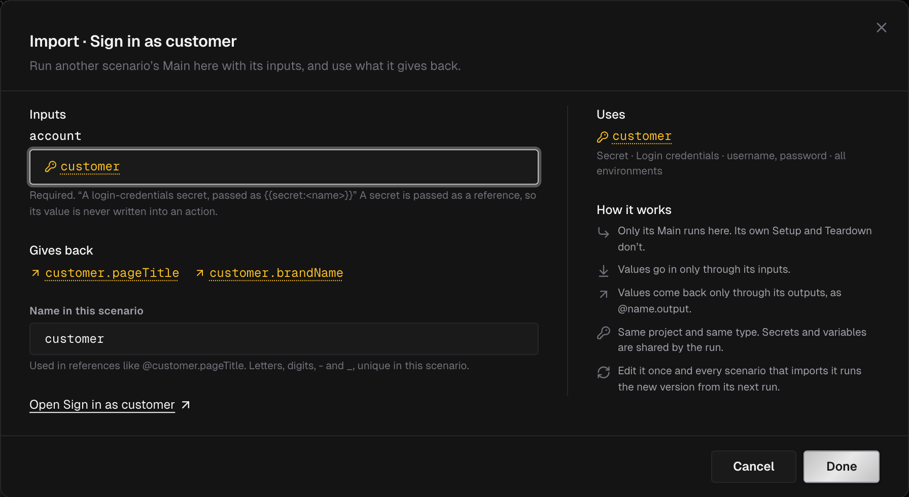 Import dialog for Sign in as customer: its account input set to the customer secret, the pageTitle and brandName outputs it gives back, its name in this scenario, and How it works