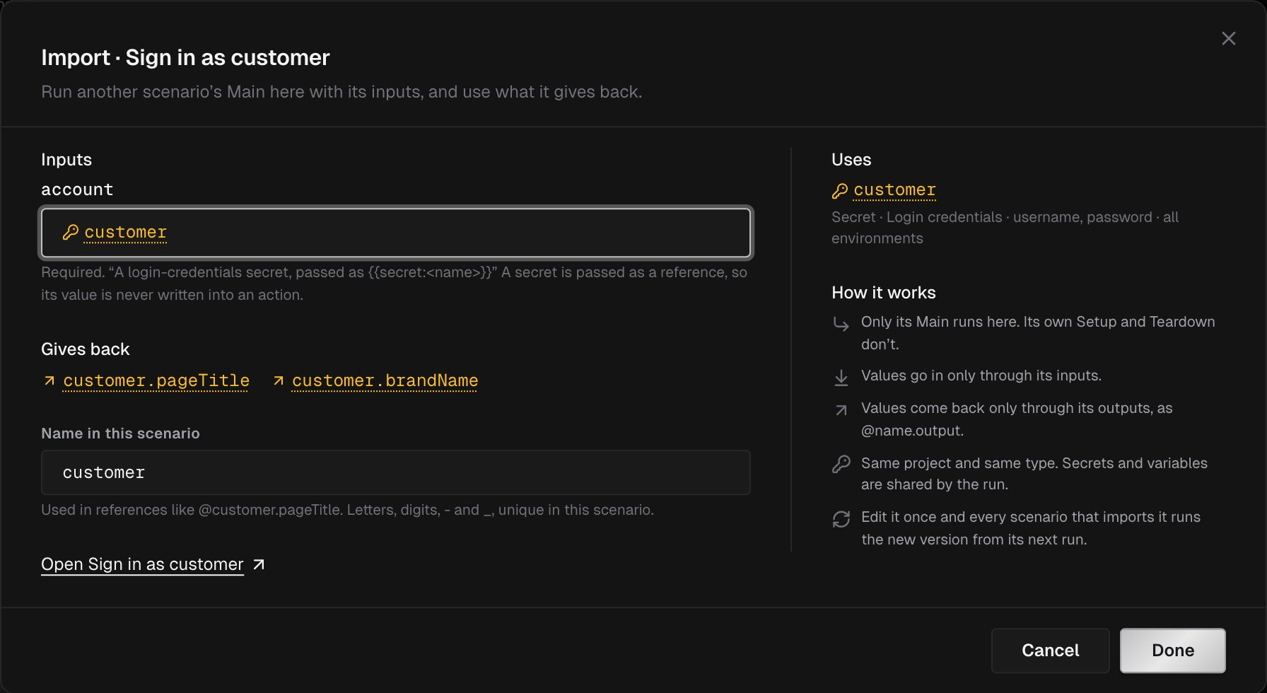 Import dialog for Sign in as customer: its account input set to the customer secret, the pageTitle and brandName outputs it gives back, its name in this scenario, and How it works