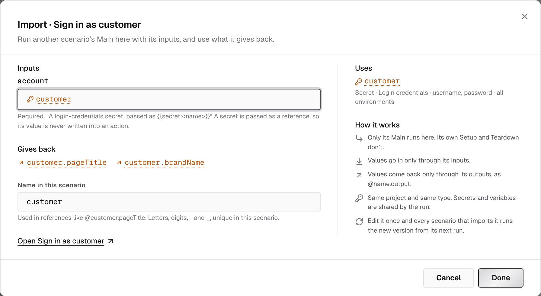 Import dialog for Sign in as customer: its account input set to the customer secret, the pageTitle and brandName outputs it gives back, its name in this scenario, and How it works