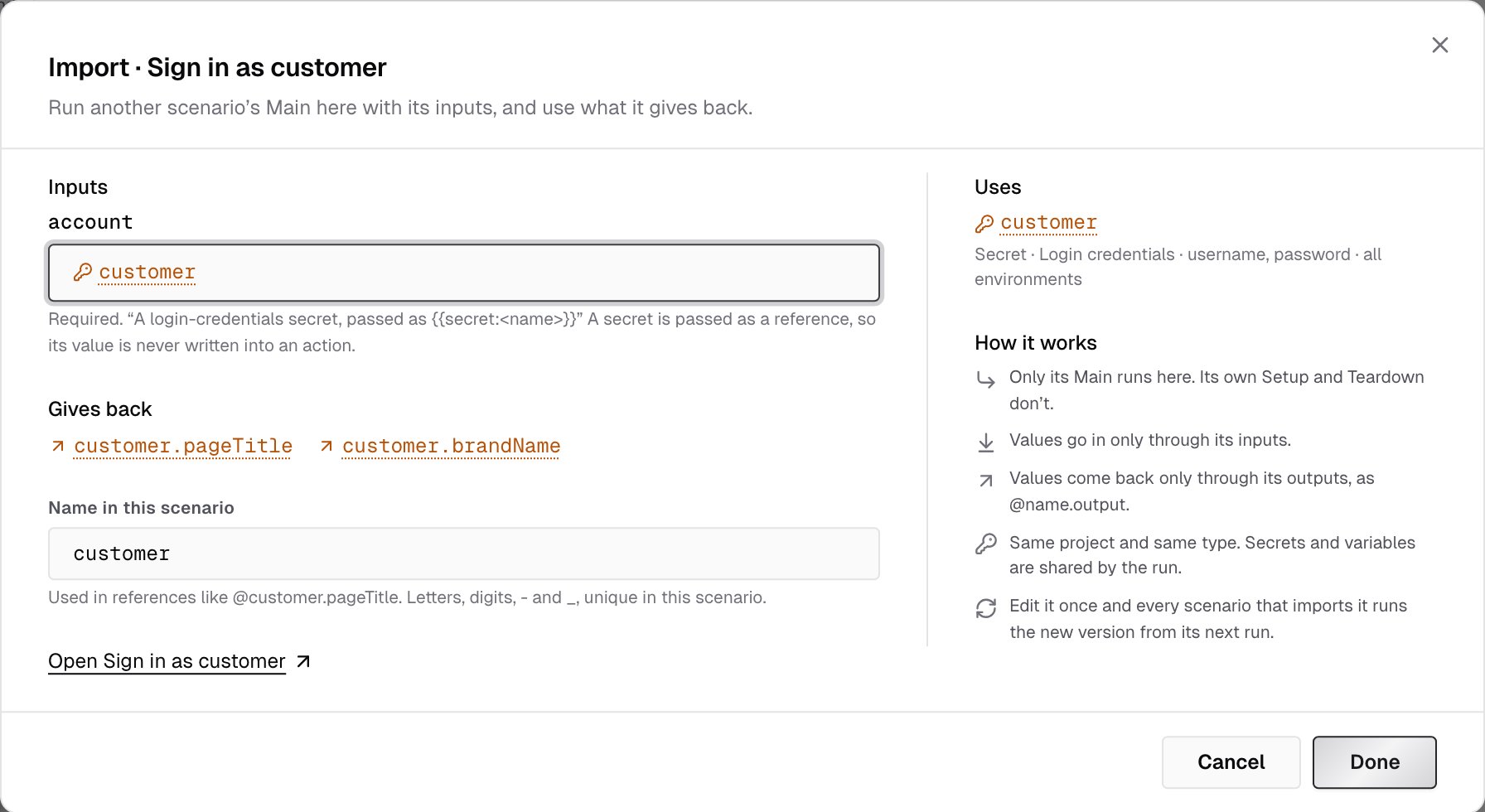 Import dialog for Sign in as customer: its account input set to the customer secret, the pageTitle and brandName outputs it gives back, its name in this scenario, and How it works