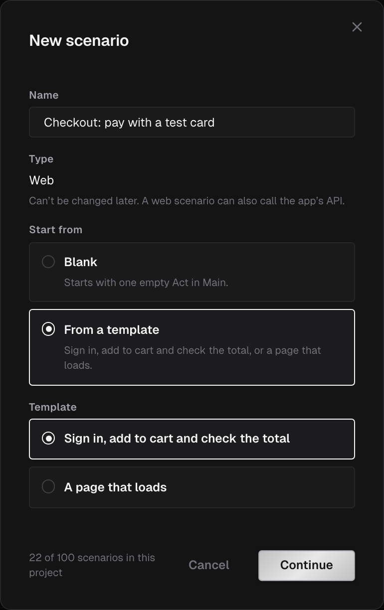 New scenario dialog with a name, the Web type, From a template selected, and the Sign in, add to cart and check the total template