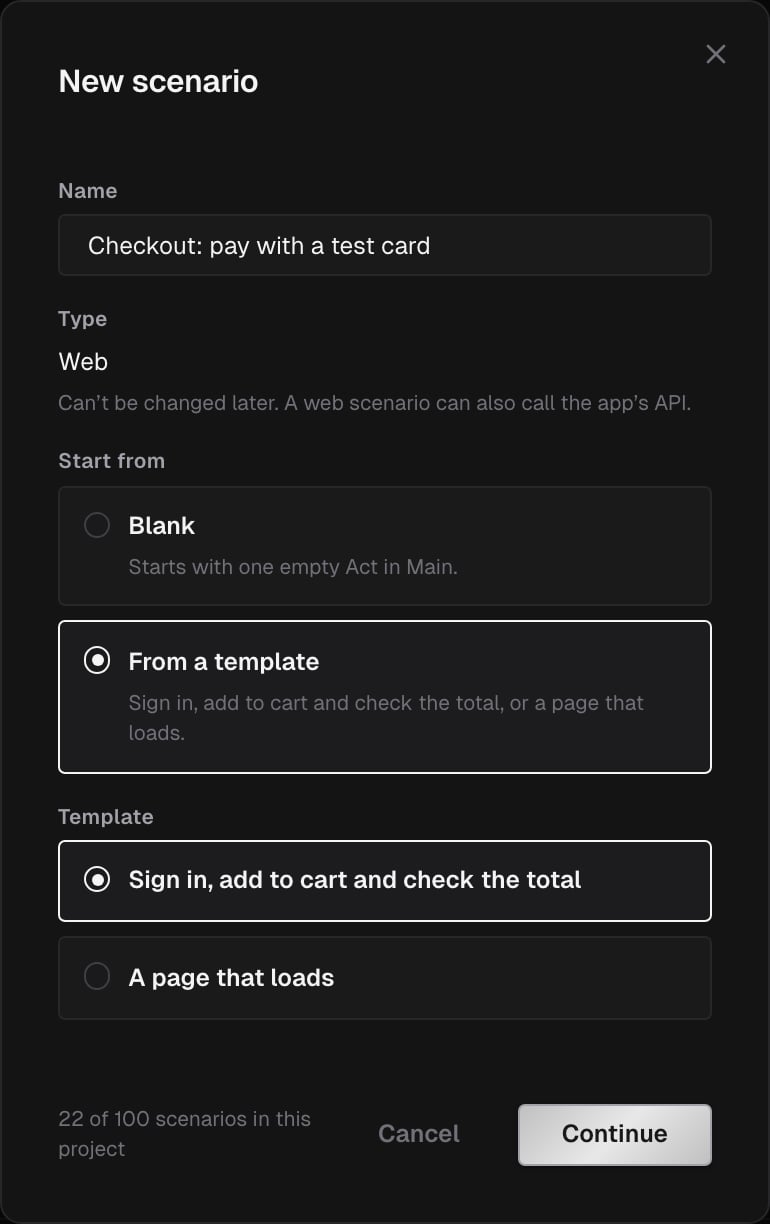 New scenario dialog with a name, the Web type, From a template selected, and the Sign in, add to cart and check the total template