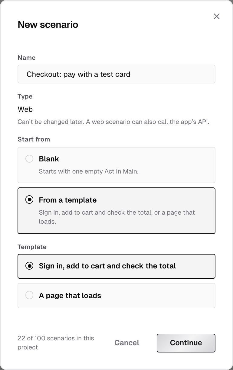 New scenario dialog with a name, the Web type, From a template selected, and the Sign in, add to cart and check the total template