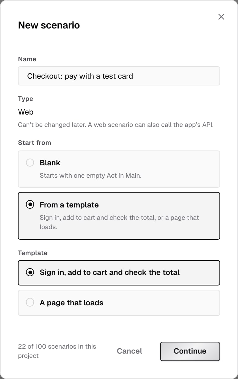 New scenario dialog with a name, the Web type, From a template selected, and the Sign in, add to cart and check the total template