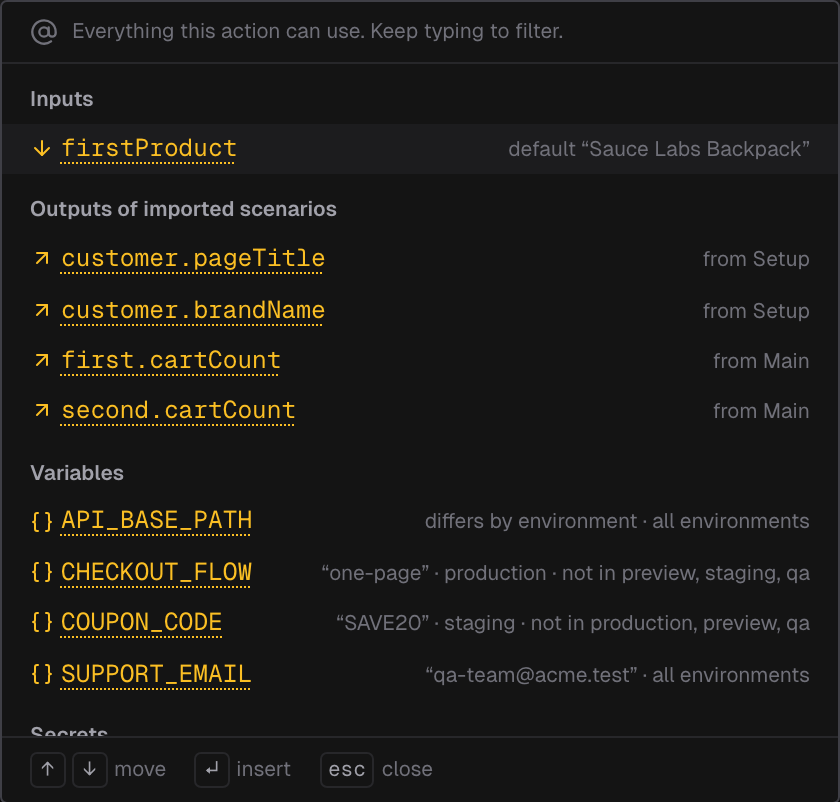 Reference picker listing an input with its default, the outputs of imported scenarios with the section they come from, and variables with the environments that define them