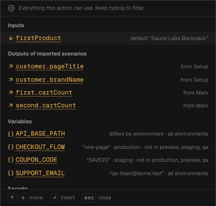 Reference picker listing an input with its default, the outputs of imported scenarios with the section they come from, and variables with the environments that define them