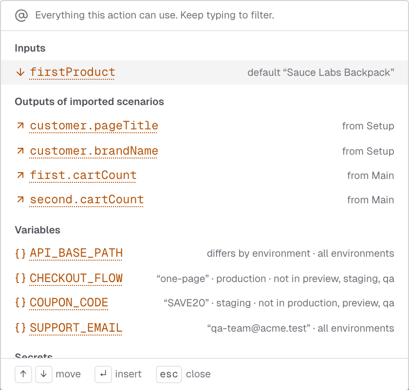 Reference picker listing an input with its default, the outputs of imported scenarios with the section they come from, and variables with the environments that define them