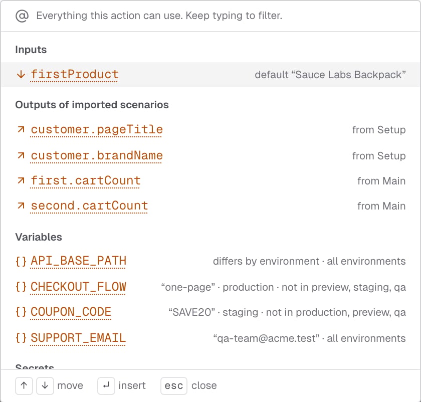 Reference picker listing an input with its default, the outputs of imported scenarios with the section they come from, and variables with the environments that define them